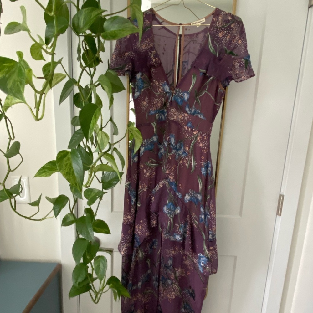 For Love and Lemons flounce sleeve silk gown with floral appliqués, size s